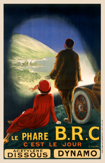 Le Phare BRC Dynamo Vintage Poster by Leonetto Cappiello 1911 French Automotive & Lighting Advertisement – High Quality Giclee Reproduction Fine Art Print. Featuring a man and woman beside an early automobile, gazing out over a dark valley dramatically illuminated by the car’s powerful headlight, revealing a scenic lakeside town and rolling green hills.