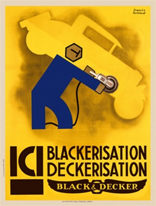 Black and Decker Vintage Poster by Edouard Bernard 1930 American Tools & Industrial Advertisement – High Quality Giclee Reproduction Fine Art Print. Featuring a stylized blue figure operating a power tool against the silhouette of a yellow automobile, set on a bold yellow background.