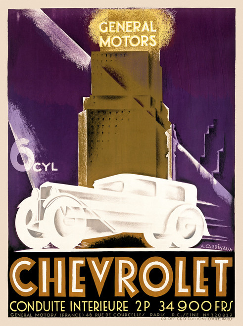 Chevrolet Vintage Poster by A. Cardinaux 1932 French Automobile Transportation Advertisement – High Quality Giclee Reproduction Fine Art Print. Featuring a stylized illustration of a white vintage car driving in front of a towering golden building with “General Motors” glowing above, set against a deep purple cityscape background.