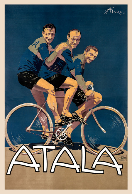 Atala Cycles Vintage Poster by Mazza 1910 Italian Bicycle Advertisement – High Quality Giclee Reproduction Fine Art Print. Featuring three cyclists in blue jerseys riding on a single bicycle on a dark blue background.