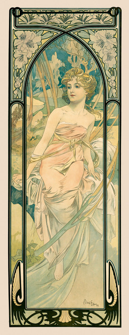 Times of the Day Eveil du Matin Morning Awakening Vintage Poster by Alphonse Maria Mucha 1899 French Art & Culture Advertisement – High Quality Giclee Reproduction Fine Art Print. Featuring a graceful woman draped in pink fabric, with flowing ribbons and a serene expression, surrounded by soft pastel hues of flowers and nature.