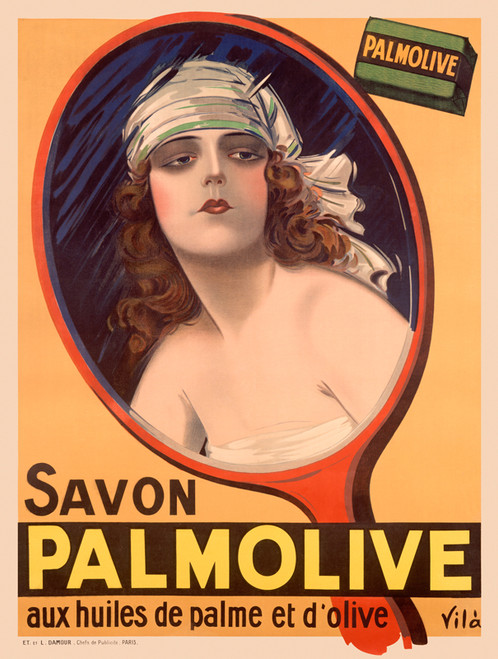 Savon Palmolive Vintage Poster by Vila 1925 French Soap Advertisement – High Quality Giclee Reproduction Fine Art Print. Featuring an elegant illustration of a woman with a headband and soft curls, framed in a round mirror with vibrant colors and the iconic Palmolive branding at the top.-