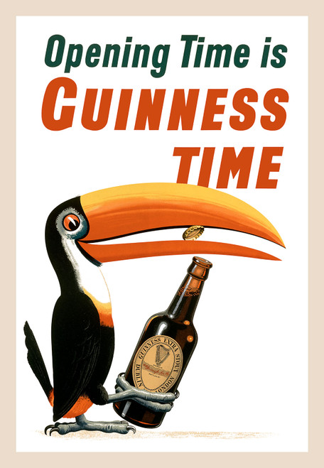 Opening Time is Guinness Time Vintage Poster by John Gilroy 1936 British Beer Advertisement – High Quality Giclee Reproduction Fine Art Print. Featuring a playful illustration of a toucan holding a bottle of Guinness with the slogan "Opening Time is Guinness Time" set against a clean white background with bold green and orange lettering.