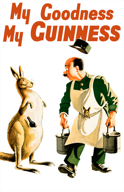 My Goodness My Guinness Vintage Poster by John Gilroy 1925 British Beer Advertisement – High Quality Giclee Reproduction Fine Art Print. Featuring a playful illustration of a kangaroo holding a bottle of Guinness while standing next to a man in an apron with a baby kangaroo, carrying two milk cans, set against a white background.