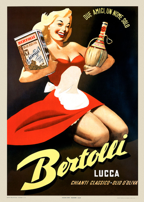 Bertolli Chianti Vintage Poster 1930 Italian Olive Oil and Wine Advertisement – High Quality Giclee Reproduction Fine Art Print. Featuring a vibrant illustration of a smiling woman in a red dress holding a bottle of Bertolli Chianti and a wine jug, set against a black background.