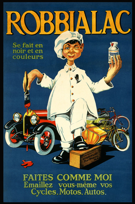 Robbialac Vintage Poster 1920 French Automotive Paint Product Advertisement – High Quality Giclee Reproduction Fine Art Print. Featuring a cheerful boy dressed in a white chef's outfit, winking while holding a bottle of paint, with a car and bicycle in the background, all set against a vibrant blue backdrop.