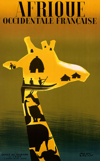 Afrique Vintage Poster by Paul Colin 1948 French Travel Advertisement – High Quality Giclee Reproduction Fine Art Print. Featuring a creative illustration of a giraffe, with various scenes of African landscapes, wildlife, and people subtly integrated into the shape, all set against a warm yellow and green background.