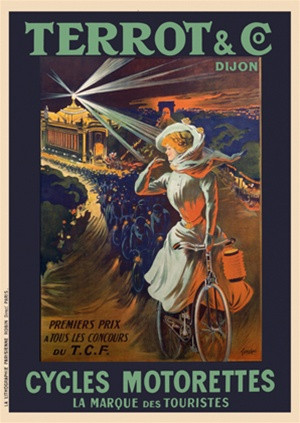 Cycles Terrot and Co. Vintage Poster by Francisco Tamagno 1905 French Bicycle and Transportation Advertisement – High Quality Giclee Reproduction Fine Art Print. Featuring a woman in a white dress and scarf, riding her bicycle away from a brightly illuminated building, with a crowd of cyclists in the background, set against a dramatic and colorful night time backdrop.