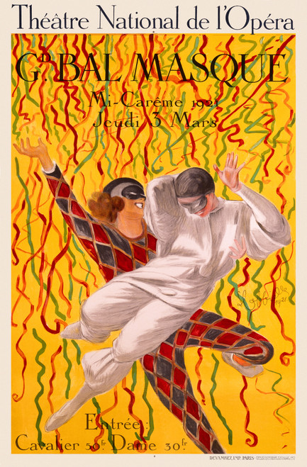 Grand Bal Masque Vintage Poster by Leonetto Cappiello 1921 French Theater and Opera Advertisement – High Quality Giclee Reproduction Fine Art Print. Featuring two masked dancers in colorful costumes, one in a harlequin pattern and the other in a white outfit, joyfully dancing against a vibrant yellow background filled with swirling ribbons.