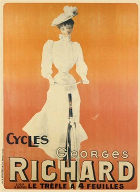 Cycles Georges Richard Vintage Poster by Gray 1905 French Bicycle Advertisement – High Quality Giclee Reproduction Fine Art Print. Featuring a woman in an elegant white dress and large hat, gracefully riding a bicycle against a vibrant orange and yellow background.