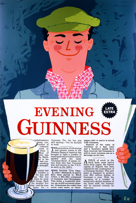 Evening Guinness Vintage Poster 1950 British Beer Advertisement – High Quality Giclee Reproduction Fine Art Print. Featuring a cheerful man with a cap holding a glass of Guinness and reading the evening news, set against a colorful background with bold text and a lively design.