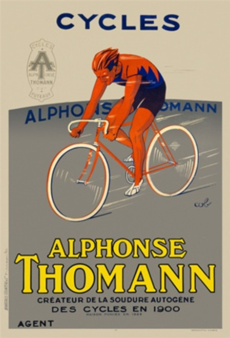 Cycles Alphonse Thomann Vintage Poster by Cob 1928 French Bicycle Advertisement – High Quality Giclee Reproduction Fine Art Print. Featuring a dynamic illustration of a cyclist in motion, clad in red and blue athletic wear, set against a gray background.