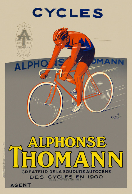 Cycles Alphonse Thomann Vintage Poster by Cob 1928 French Bicycle Advertisement – High Quality Giclee Reproduction Fine Art Print. Featuring a dynamic illustration of a cyclist in motion, clad in red and blue athletic wear, set against a gray background.
