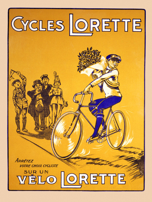 Cycles Lorette Vintage Poster 1920 French Bicycle Advertisement – High Quality Giclee Reproduction Fine Art Print. Featuring a man cycling with a bouquet of flowers, surrounded by a group of cheering children, set against a bright yellow background
