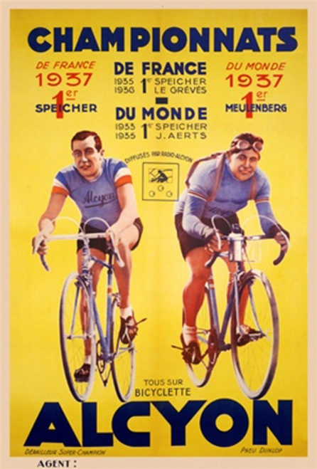 Championnats Alcyon Vintage Poster 1937 French Bicycle  Advertisement – High Quality Giclee Reproduction Fine Art Print. Featuring two cyclists in matching blue jerseys, showcasing a competitive spirit, set against a vibrant yellow background with bold text promoting the Alcyon brand.