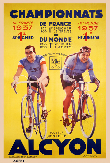 Championnats Alcyon Bicyclette Vintage Poster 1937 French Cycling Advertisement – High Quality Giclee Reproduction Fine Art Print. Featuring two cyclists in matching blue jerseys, showcasing a competitive spirit, set against a vibrant yellow background with bold text promoting the Alcyon brand.