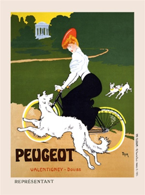 Peugeot Cycles Vintage Poster by Thor 1910 French Bicycle Advertisement – High Quality Giclee Reproduction Fine Art Print. Featuring a woman riding a bicycle through a park, with one dog running beside her and two dogs playing in the background, set against a vibrant green and yellow backdrop with a classic monument in the distance.