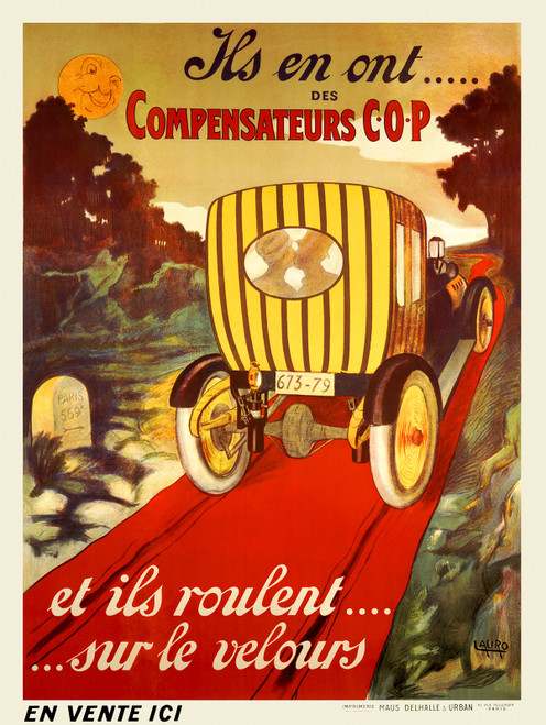 Compensateurs COP Vintage Poster by M. Lauro 1918 French Car Compensators Advertisement – High Quality Giclee Reproduction Fine Art Print. Featuring a colorful yellow and black striped car driving down a red road with a stone in the foreground, a kissing couple visible through the car's rear window, set against a scenic landscape and the moon in the sky.