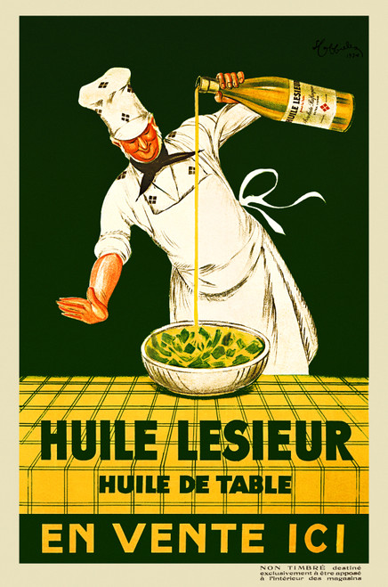 Huile Lesieur De Table En Vente Ici Vintage Poster by Leonetto Cappiello 1930 French Food Advertisement – High Quality Giclee Reproduction Fine Art Print. Featuring a chef pouring a bottle of oil into a large bowl of salad, set against a green background with a yellow checkered tablecloth.