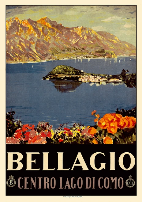 Bellagio Centro Lago Di Como Poster 1926 Vintage Italian Travel Advertisement – High Quality Giclee Reproduction Fine Art Print. Featuring a serene view of Bellagio with colorful flowers in the foreground and a clear view of the mountains surrounding Lake Como.