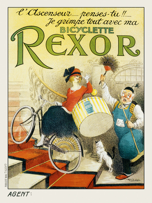 Bicyclette Rexor Vintage Poster by Raoul Vion 1917 French Cycles Advertisement – High Quality Giclee Reproduction Fine Art Print. Featuring a woman joyfully riding her Rexor bicycle up a staircase, holding a large hat box and waving at a man, who is holding a broom and feather duster, while a small cat watches playfully.