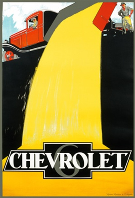 Chevrolet 6 Vintage Poster by Sterne Stevens & E. Adyns 1927 Belgian Car Advertisement – High Quality Giclee Reproduction Fine Art Print. Featuring a red truck dumping yellow material into a dark abyss, with the Chevrolet logo prominently displayed at the bottom.