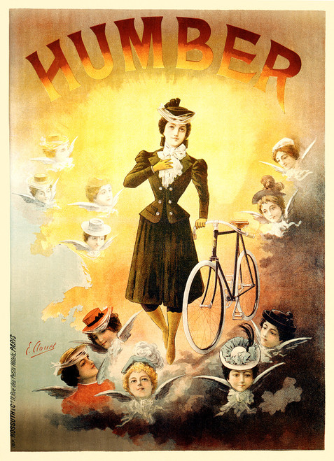 Humber Vintage Poster by E. Clouet 1897 French Bicycle Advertisement – High Quality Giclee Reproduction Fine Art Print. Featuring a central woman standing confidently with a bicycle, surrounded by angelic figures in soft clouds and a glowing orange background that adds an ethereal feel to the composition.