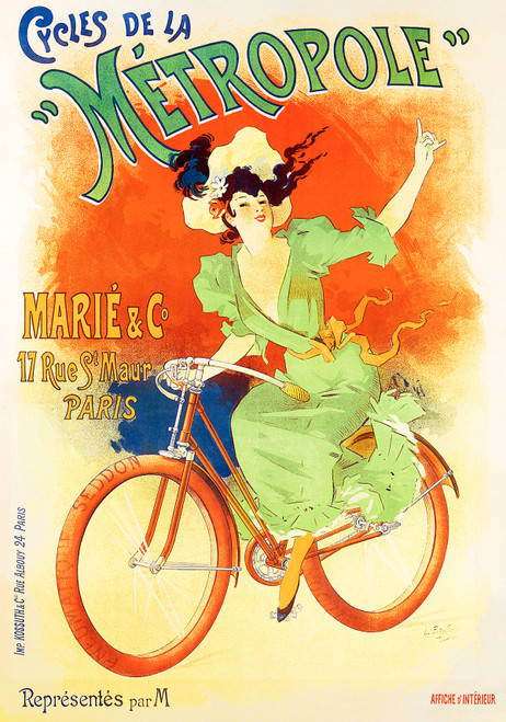 Cycles de la Metropole Vintage Poster by Bayle 1896 French Bicycle Advertisement – High Quality Giclee Reproduction Fine Art Print, featuring a woman joyfully riding a bicycle with one hand raised, dressed in a flowing green gown, set against a vibrant orange and red background that adds energy and movement.