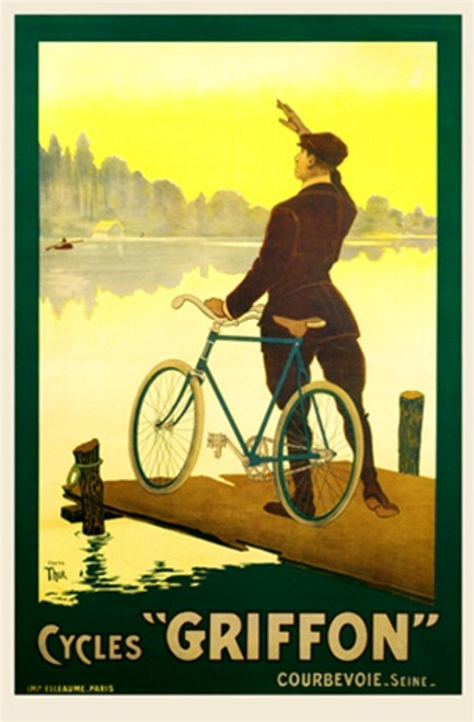 Cycles Griffon Vintage Poster by Thor 1908 French Bicycles Advertisement – High Quality Giclee Reproduction Fine Art Print. Featuring a man standing next to his bicycle at a tranquil lakeside, waving at a passing boat, set against a peaceful yellow and green landscape with reflections on the water.
