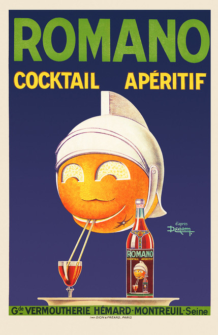 Romano Cocktail Aperitif Vintage Poster by Deram 1926 French Wine and Spirits Advertisement – High Quality Giclee Reproduction Fine Art Print. Featuring a cheerful orange wearing a Roman helmet with two straws in its mouth, alongside a bottle and glass of Romano Aperitif cocktail, set against a dark blue background.