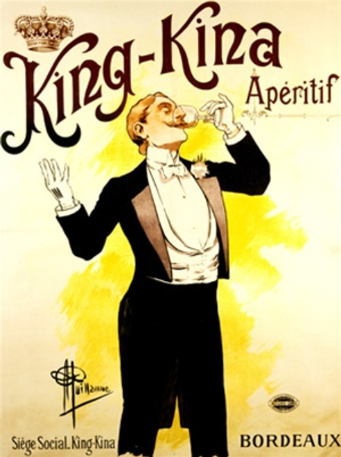 King-Kina Aperitif Vintage Poster by Guillaume 1897 French Wine and Spirits Advertisement – High Quality Giclee Reproduction Fine Art Print. Featuring a dapper man in a tuxedo, raising a glass of King-Kina aperitif with a satisfied expression, set against a vibrant yellow background with the elegant brand logo and crown at the top.