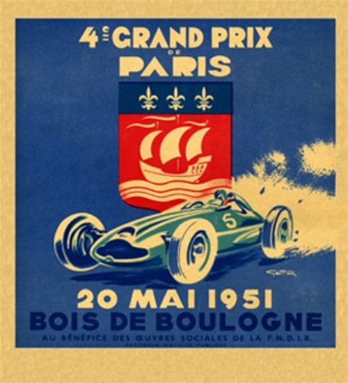4ie Grand Prix de Paris Vintage Poster by Geo Ham 1951 French Motor Racing Event Advertisement – High Quality Giclee Reproduction Fine Art Print. Featuring a green racing car in motion with a bold, colorful backdrop that incorporates the Paris coat of arms with a red ship and three fleurs-de-lis, capturing the excitement of the 1951 Grand Prix held at Bois de Boulogne.