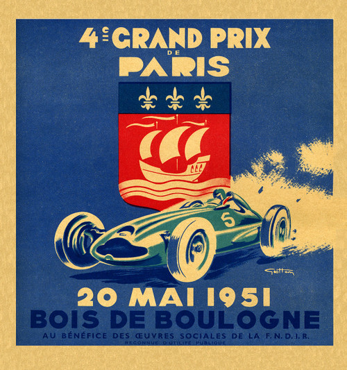 ie Grand Prix de Paris Vintage Poster by Geo Ham 1951 French Motor Racing Event Advertisement – High Quality Giclee Reproduction Fine Art Print. Featuring a green racing car in motion with a bold, colorful backdrop that incorporates the Paris coat of arms with a red ship and three fleurs-de-lis, capturing the excitement of the 1951 Grand Prix held at Bois de Boulogne.
