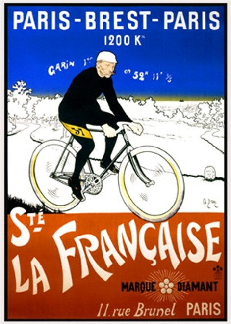 Ste La Francaise Vintage Poster by Charles Brun 1901 French Bicycle Racing Events Advertisement – High Quality Giclee Reproduction Fine Art Print. Featuring a cyclist dressed in black riding a vintage bike during the iconic Paris-Brest-Paris race, with a scenic background of open roads, trees, and a distant horizon, set against a backdrop of vibrant blue, white, and red colors, reminiscent of the French flag, highlighting the historic 1200 km race.