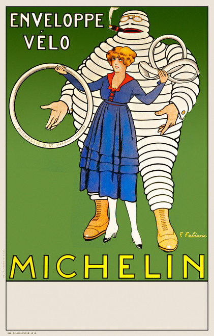 Enveloppe Velo Michelin Vintage Poster by Fabian Fabiano 1916 French Bicycle Tires Advertisement – High Quality Giclee Reproduction Fine Art Print. Featuring the iconic Michelin Man (Bibendum), wrapped in tire bands and smoking a cigar, standing behind a woman in a blue dress and white boots, holding two bicycle tire tubes on a green background.