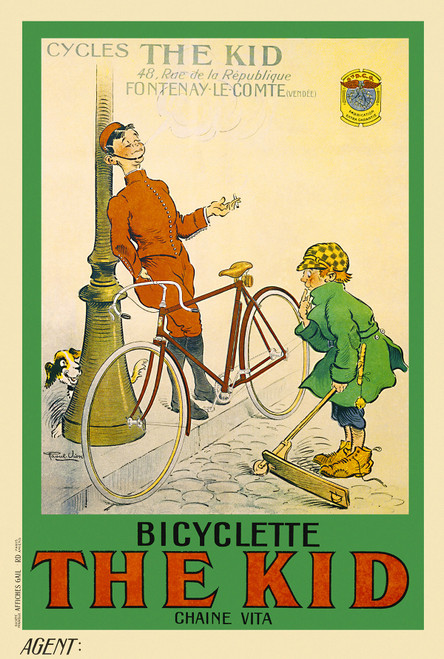 Bicyclette The Kid Vintage Poster by Raoul Vion 1919 French Bicycles Advertisement – High Quality Giclee Reproduction Fine Art Print. Featuring a humorous scene with a young boy in a green coat and checkered cap holding a scooter, while a dog watches nearby, as a man in red stands next to a bicycle with a smile, set against a colorful background.