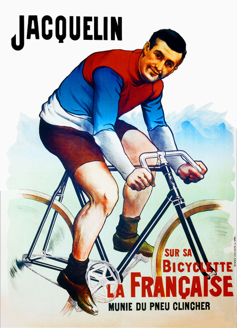 Bicyclette Jacquelin Vintage Poster 1930 French Bicycles Advertisement – High Quality Giclee Reproduction Fine Art Print. Featuring a sporty cyclist in a red and blue racing outfit, riding a bicycle with clincher tires, set against a soft gradient background of pastel colors.
