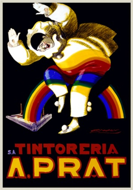 SA Tintoreria A. Prat Vintage Poster by Mauzan 1931 French Clothing Advertisement – High Quality Giclee Reproduction Fine Art Print. Featuring a colorful and playful illustration of a clown with rainbow-striped pants, jumping across a vibrant rainbow, promoting the cleaning service.