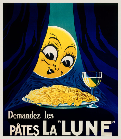 Pates La Lune Vintage Poster by Sepo (Severo Pozzati)  1928 French Pasta Advertisement – High Quality Giclee Reproduction Fine Art Print. Featuring a whimsical illustration of the smiling moon peeking out from behind curtains, with a plate of pasta and a glass of wine in the foreground.