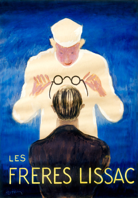 Les Freres Lissac Vintage Poster by Leonetto Cappiello 1926 French Optical Glasses Advertisement – High Quality Giclee Reproduction Fine Art Print. Featuring a striking depiction of a man in a dark suit facing a white figure holding a pair of round glasses, set against a deep blue background, promoting quality eyewear.