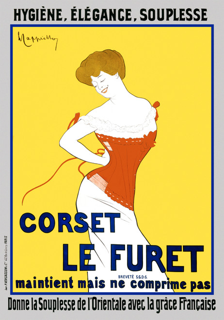 Corset Le Furet Hygiene, Elegance, Souplesse Vintage Poster by Leonetto Cappiello 1901 French Women Fashion Advertisement – High Quality Giclee Reproduction Fine Art Print. Featuring an elegant woman adjusting her red corset with a joyful expression, set against a striking yellow background, promoting comfort, style, and French elegance.