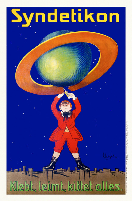 Syndetikon Vintage Poster by Leonetto Cappiello 1905 French Adhesive Glue Advertisement – High Quality Giclee Reproduction Fine Art Print. Featuring a whimsical illustration of a small man in a red suit using Syndetikon glue to hold together the ring of Saturn against a deep blue starry sky.