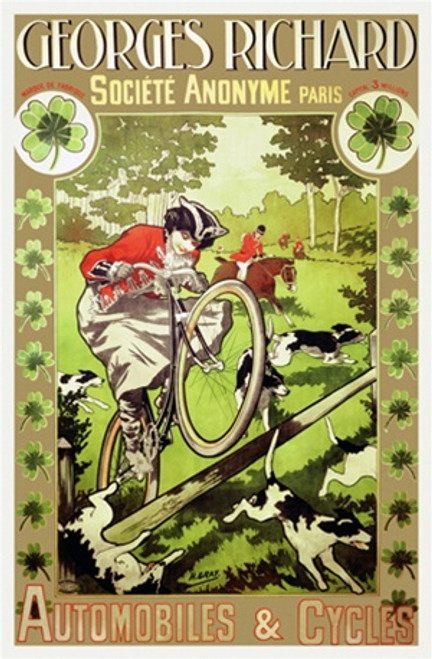 Georges Richard Vintage Poster by H. Gray 1902 French Automobiles & Cycles Advertisement – High Quality Giclee Reproduction Fine Art Print. Featuring a humorous and dynamic illustration of a woman in traditional fox hunting attire dramatically leaping a wooden fence on a bicycle, surrounded by hunting dogs, with horse riders in the background.