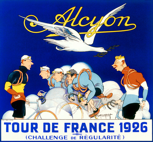 Alcyon Tour de France 1926 Vintage Poster by 1926 French Sports Event Advertisement – High Quality Giclee Reproduction Fine Art Print. Featuring a humorous and colorful illustration of competitive cyclists preparing for the race, depicted in exaggerated caricature style, with a symbolic white bird soaring above carrying an olive branch. Horizontal poster.