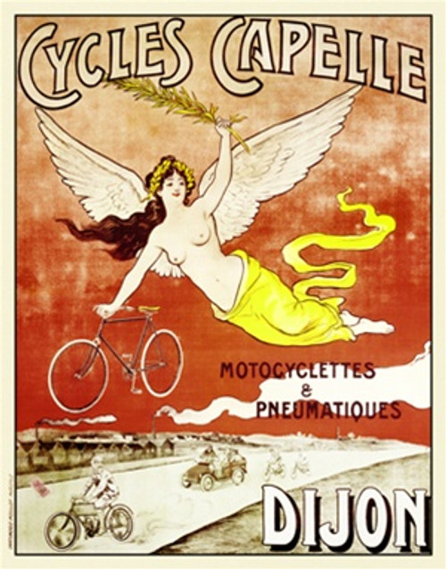 Cycles Capelle Vintage Poster by Imp. Moullot 1907 French Bicycle Advertisement – High Quality Giclee Reproduction Fine Art Print. Featuring a celestial winged goddess gracefully soaring through the sky, holding a bicycle in one hand and an olive branch in the other.