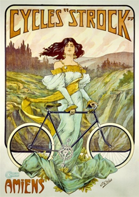 Cycles Strock Vintage Poster by Imp. Kossuth 1901 French Bicycle Advertisement – High Quality Giclee Reproduction Fine Art Print. Featuring an elegant Art Nouveau illustration of a woman in flowing garments standing beside a bicycle against a dramatic countryside backdrop, symbolizing grace and freedom.