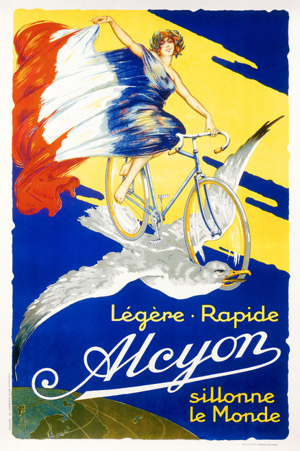 Alcyon Legere Rapide Vintage Poster by Imp. Gaillard 1926 French Bicycle Advertisement – High Quality Giclee Reproduction Fine Art Print. Featuring a striking Art Deco illustration of a woman in a flowing French flag dress riding a bicycle through the sky, symbolizing speed and elegance with a giant alcyon bird in flight.