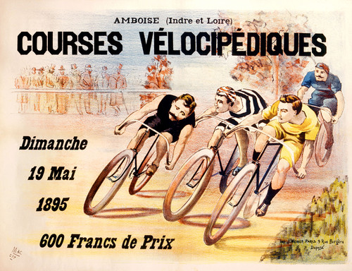 Courses Velocipediques Vintage Poster 1895 French Bicycle Advertisement – High Quality Giclee Reproduction Fine Art Print. Featuring an intense vintage bicycle race in Amboise, France, with three cyclists speeding ahead while a fourth struggles to keep up, set against a lively crowd. Horizontal poster.