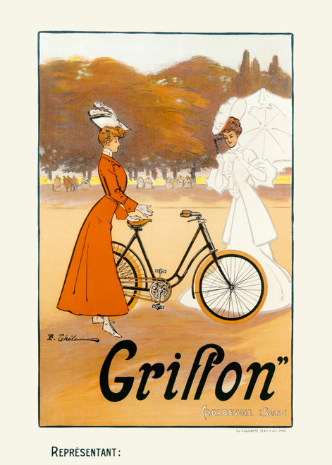Griffon Courbevoie Seine Vintage Poster 1900 French Bicycle Advertisement – High Quality Giclee Reproduction Fine Art Print. Featuring two elegant women in Belle Époque fashion admiring a Griffon bicycle in a picturesque park setting.