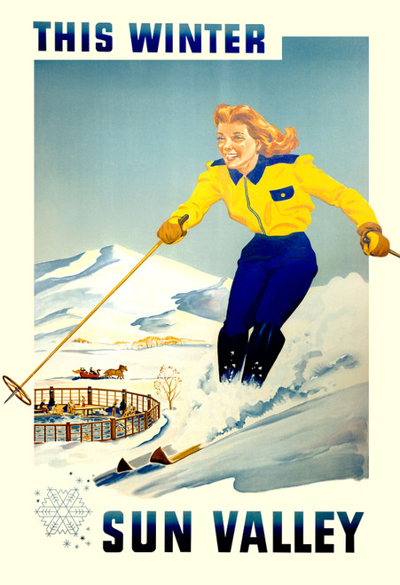 Sun Valley This Winter Vintage Poster 1948 American Travel Advertisement – High Quality Giclee Reproduction Fine Art Print. Featuring a vibrant scene of a smiling female skier in a bright yellow jacket racing down snowy slopes, with an outdoor ice rink and a horse-drawn sleigh ride in the background.